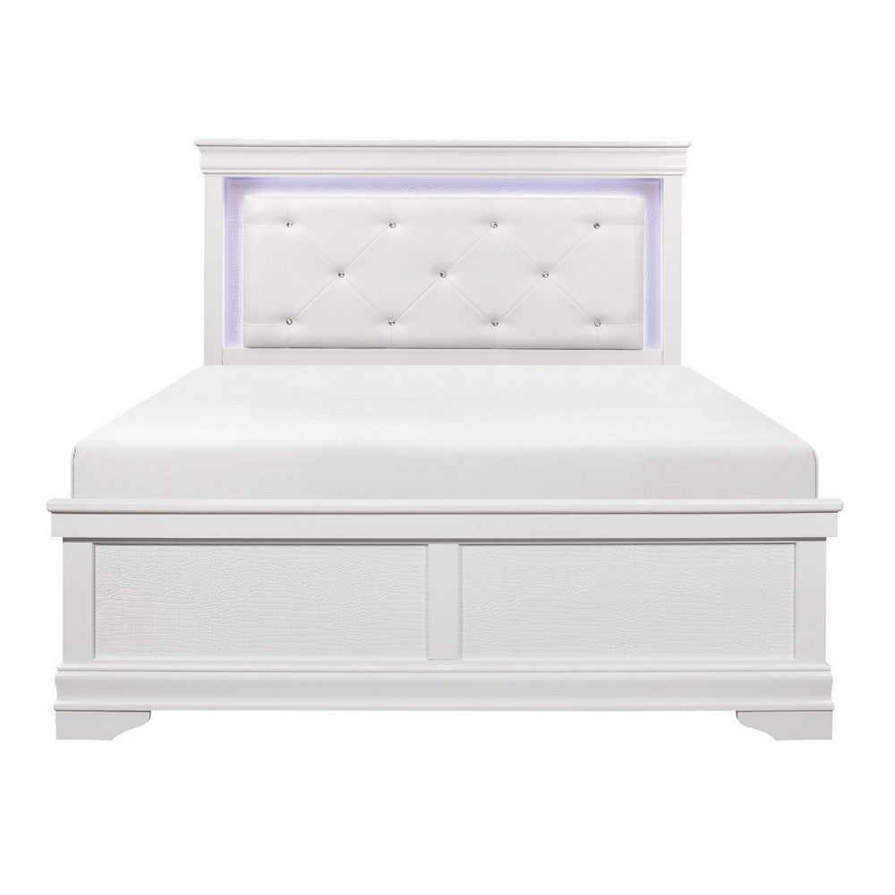 Teich Full Bed, LED Headboard, Embossed Panels, Tufted White Faux Leather