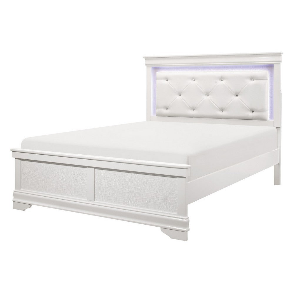 Teich Full Bed, LED Headboard, Embossed Panels, Tufted White Faux Leather