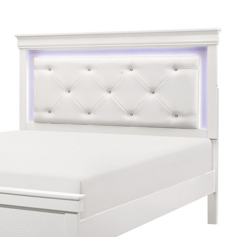 Teich Full Bed, LED Headboard, Embossed Panels, Tufted White Faux Leather