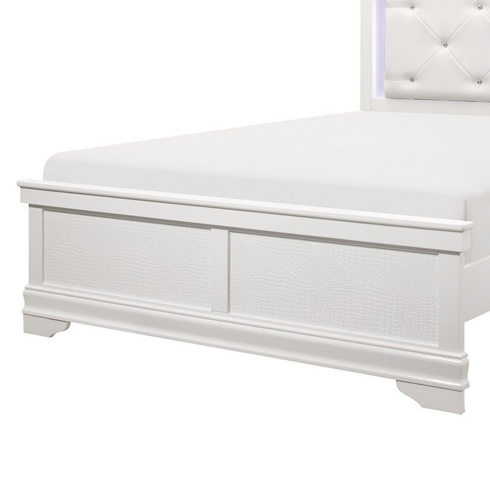 Teich Full Bed, LED Headboard, Embossed Panels, Tufted White Faux Leather