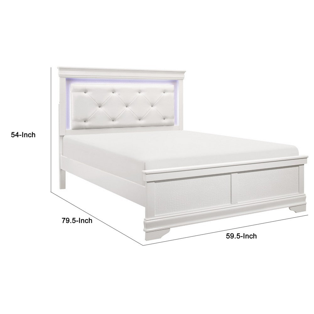 Teich Full Bed, LED Headboard, Embossed Panels, Tufted White Faux Leather