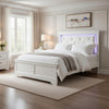 Teich Full Bed, LED Headboard, Embossed Panels, Tufted White Faux Leather