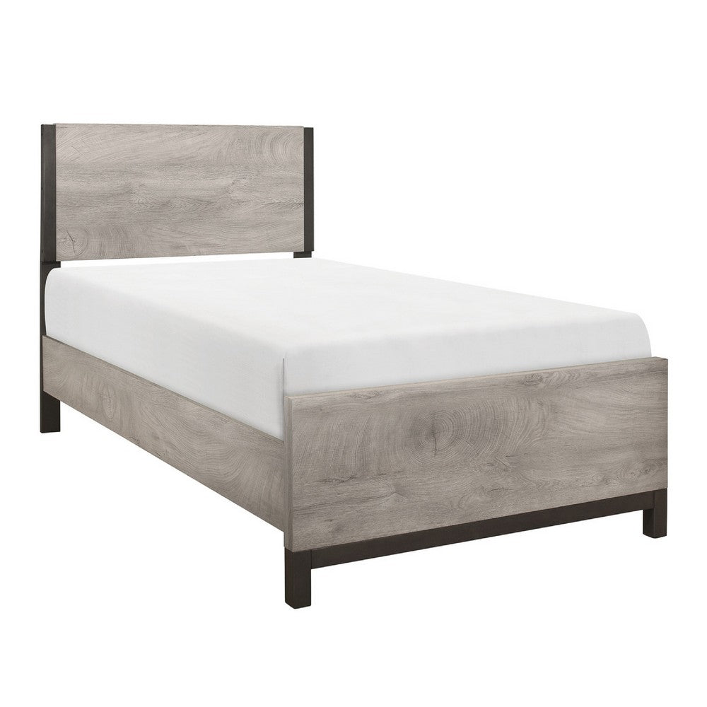 Deena Twin Panel Bed, Painted Metal Finish Bands, Dual-Tone Gray Wood