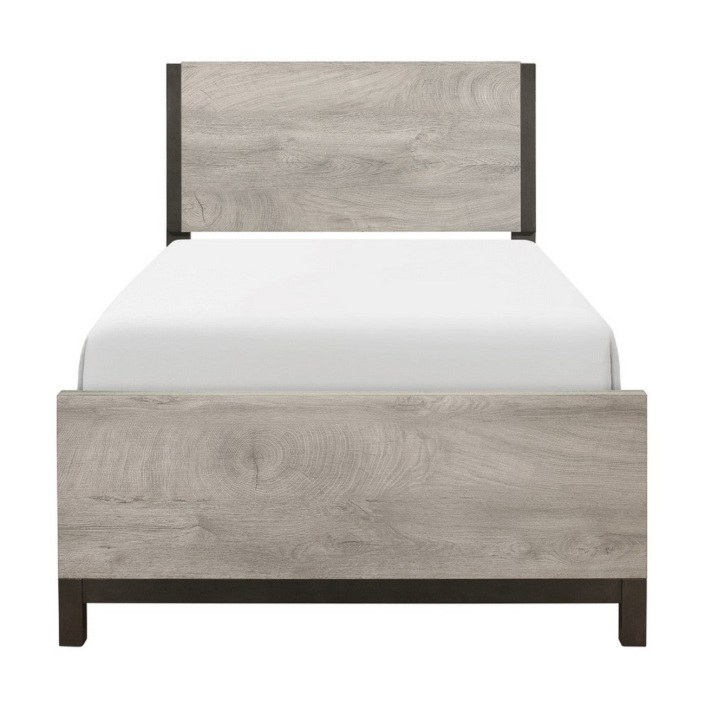 Deena Twin Panel Bed, Painted Metal Finish Bands, Dual-Tone Gray Wood
