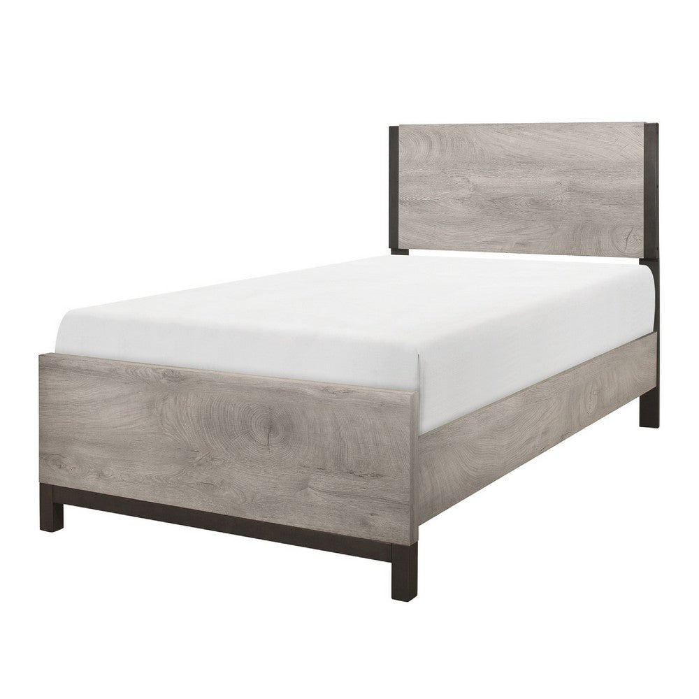 Deena Twin Panel Bed, Painted Metal Finish Bands, Dual-Tone Gray Wood