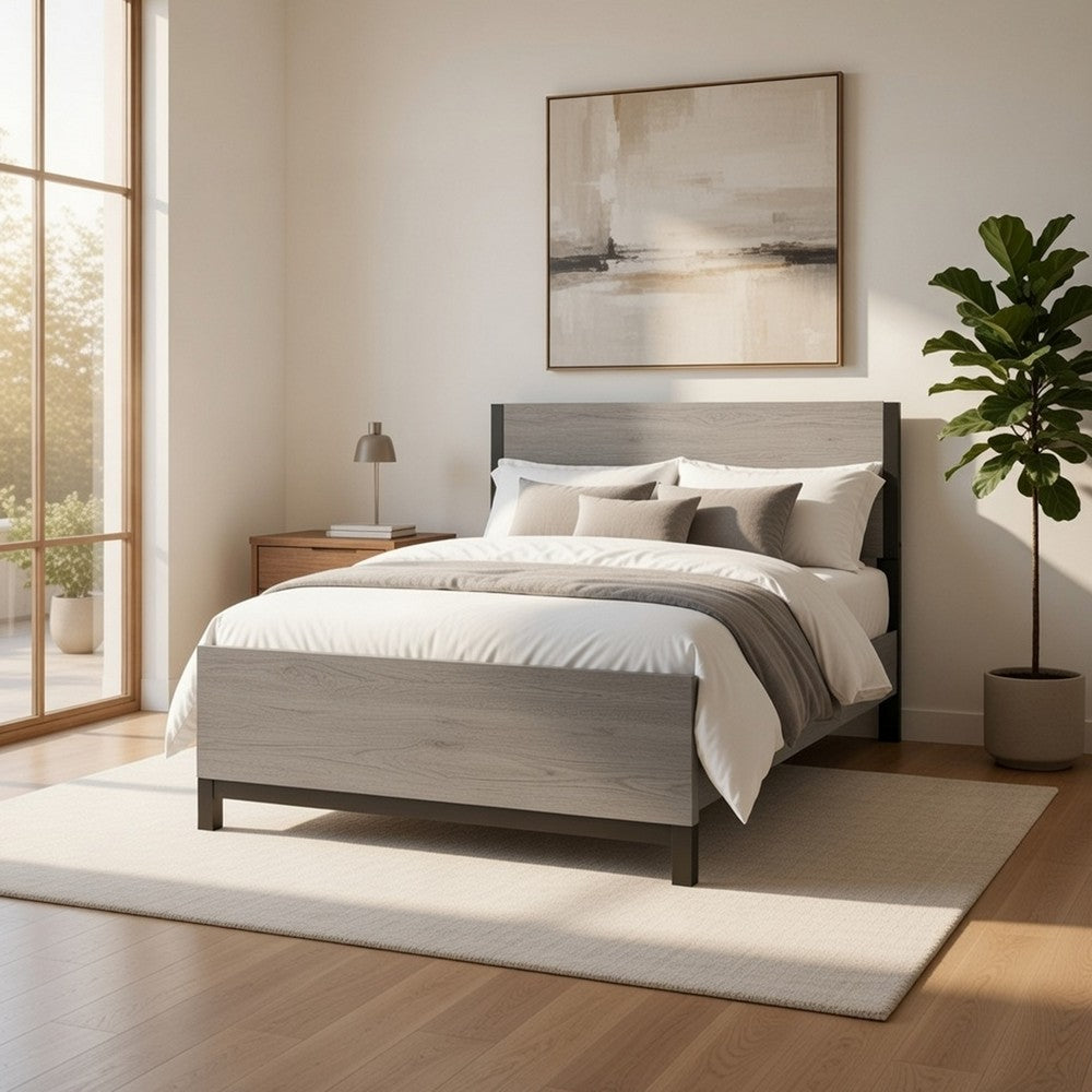 Deena Twin Panel Bed, Painted Metal Finish Bands, Dual-Tone Gray Wood