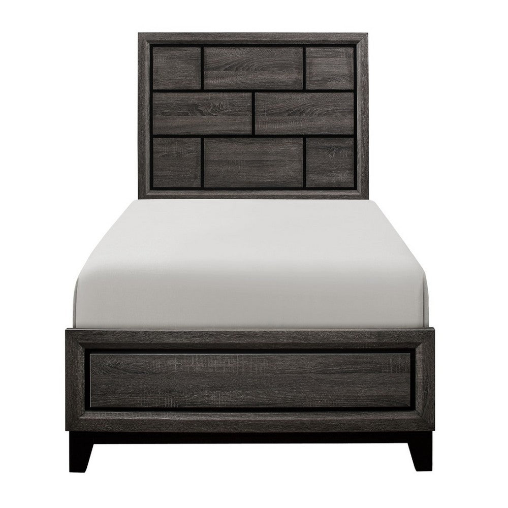 Ameya Twin Panel Bed, Brick Design Headboard, Molded Footboard, Gray