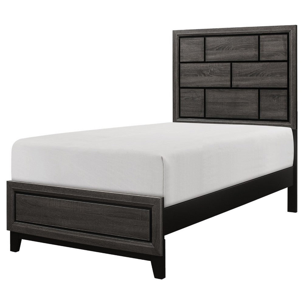 Ameya Twin Panel Bed, Brick Design Headboard, Molded Footboard, Gray