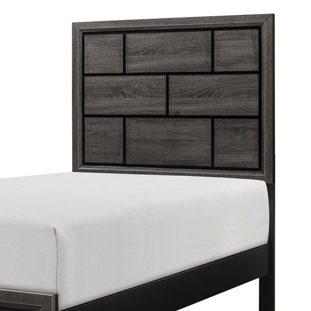Ameya Twin Panel Bed, Brick Design Headboard, Molded Footboard, Gray