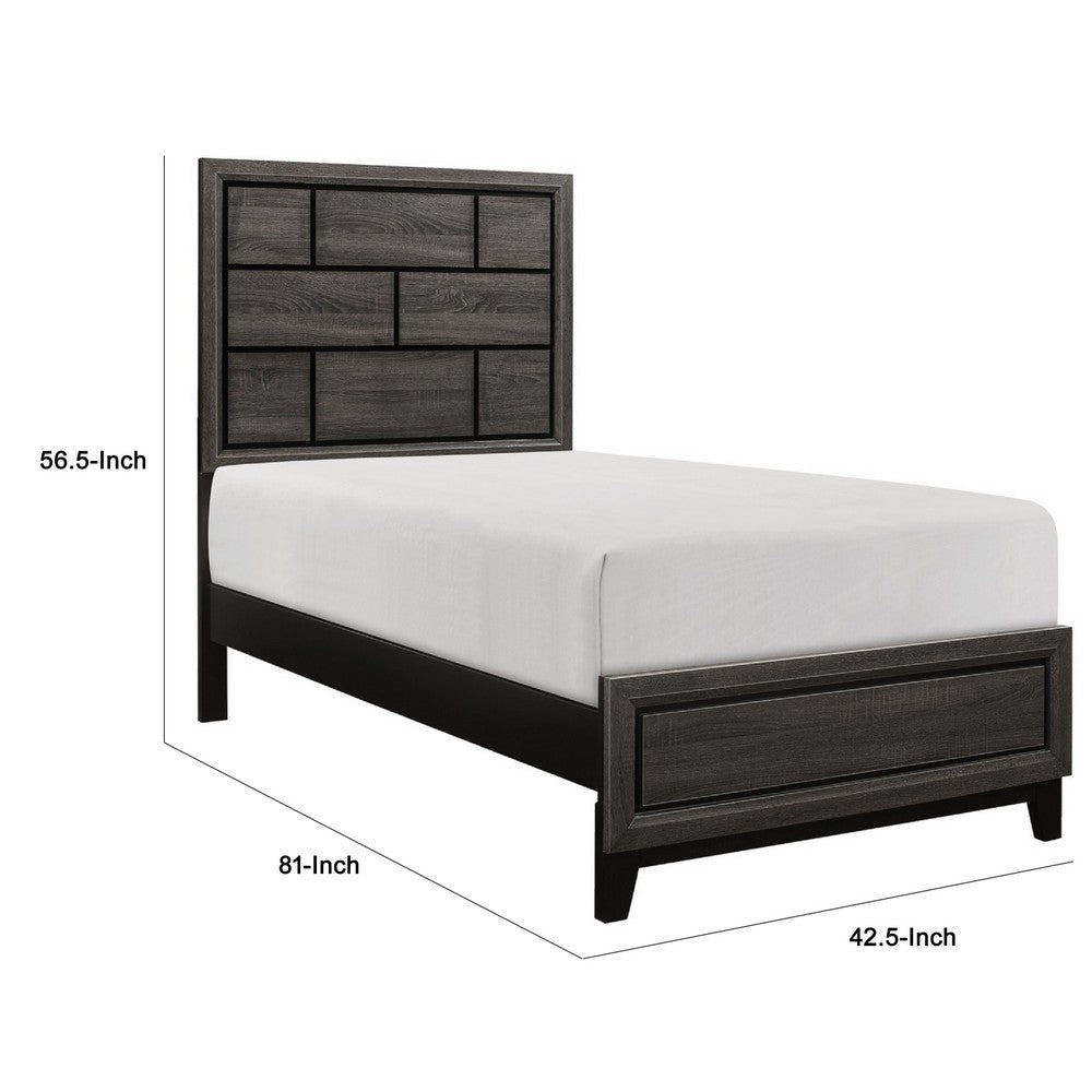 Ameya Twin Panel Bed, Brick Design Headboard, Molded Footboard, Gray