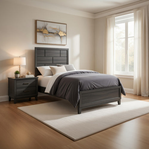 Ameya Twin Panel Bed, Brick Design Headboard, Molded Footboard, Gray