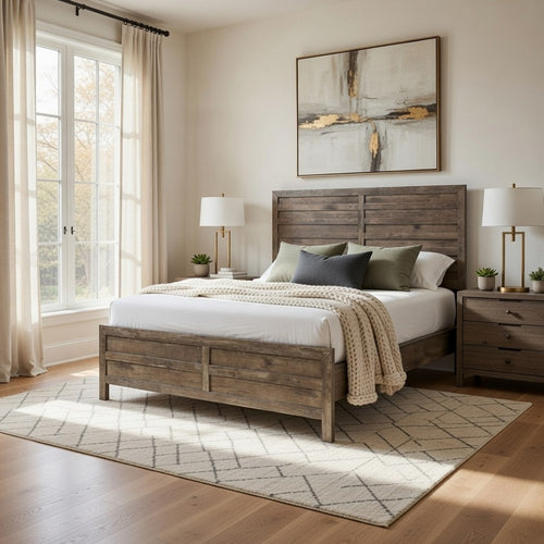 Mann Full Panel Bed, Farmhouse Plank Headboard, Weathered Pine Brown