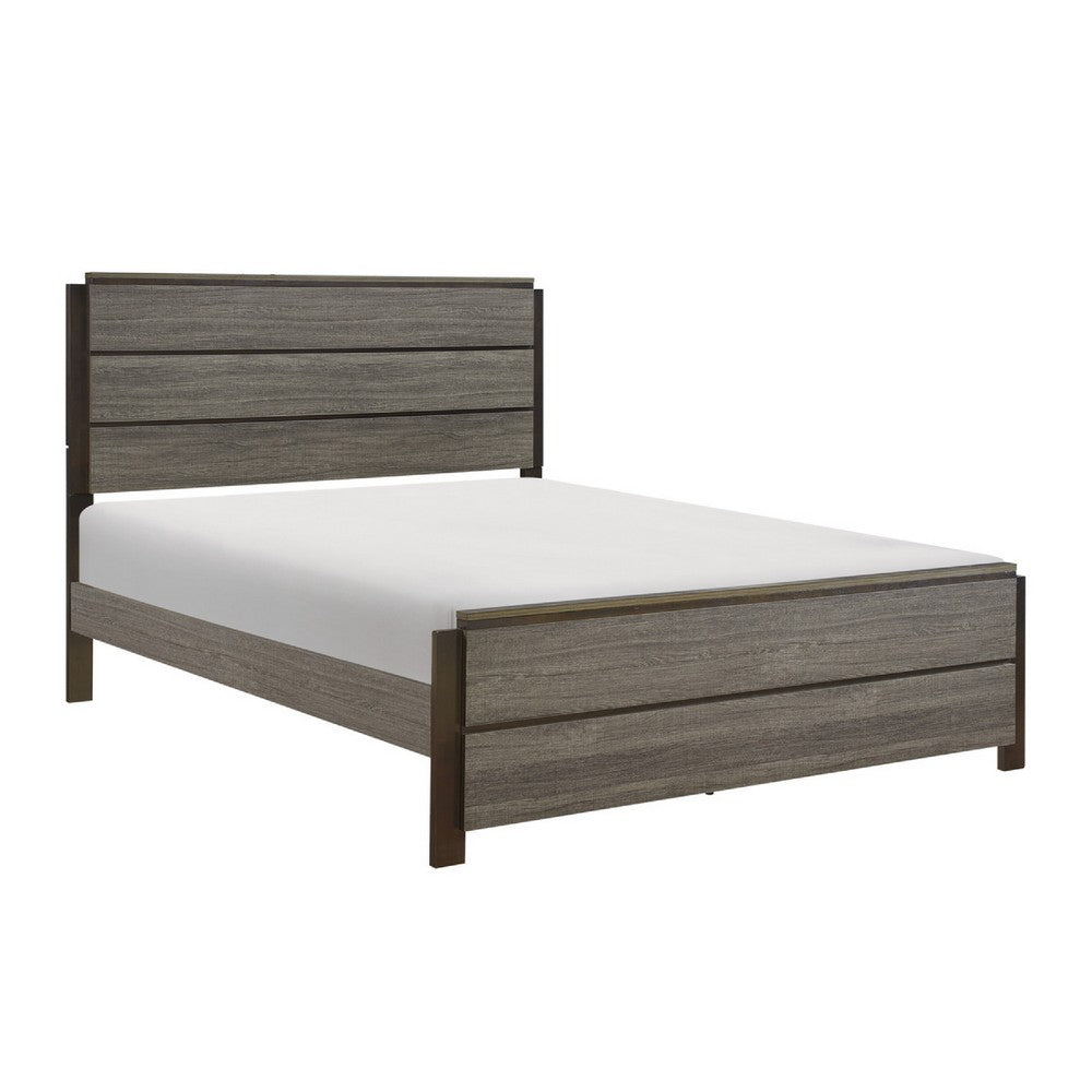 Avia Full Panel Bed, Planked Design, Antique Gray, Dark Brown Back Panels
