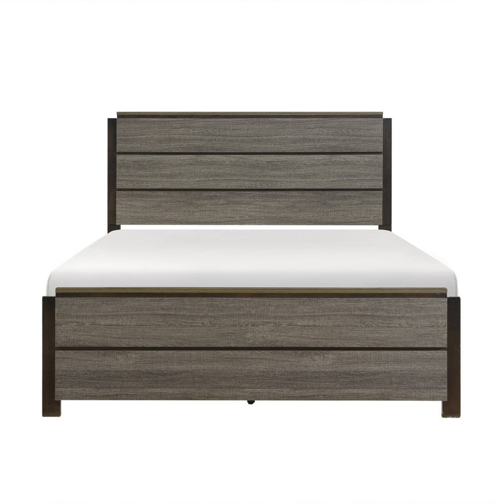 Avia Full Panel Bed, Planked Design, Antique Gray, Dark Brown Back Panels