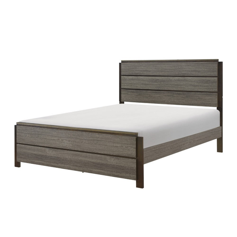 Avia Full Panel Bed, Planked Design, Antique Gray, Dark Brown Back Panels