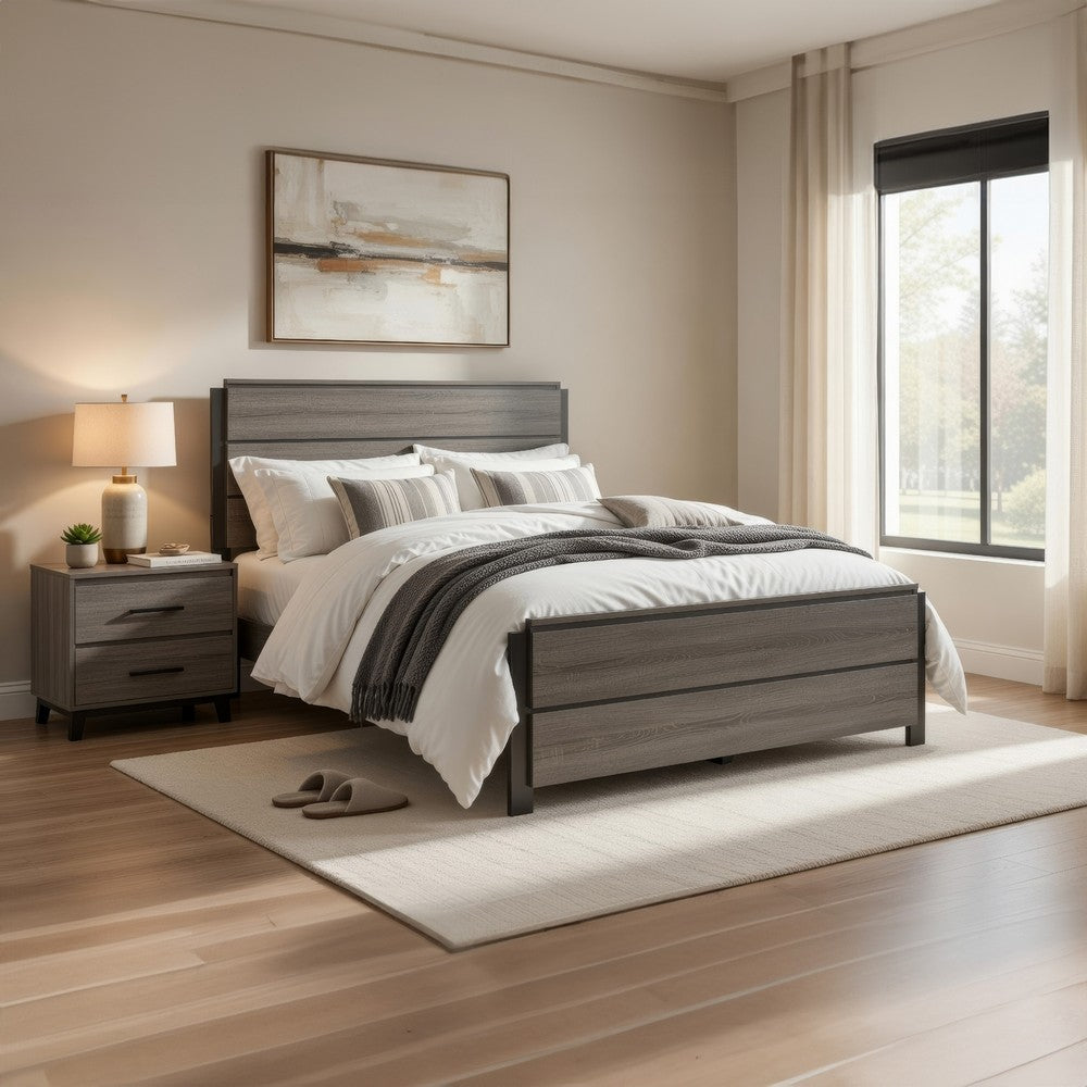 Avia Full Panel Bed, Planked Design, Antique Gray, Dark Brown Back Panels