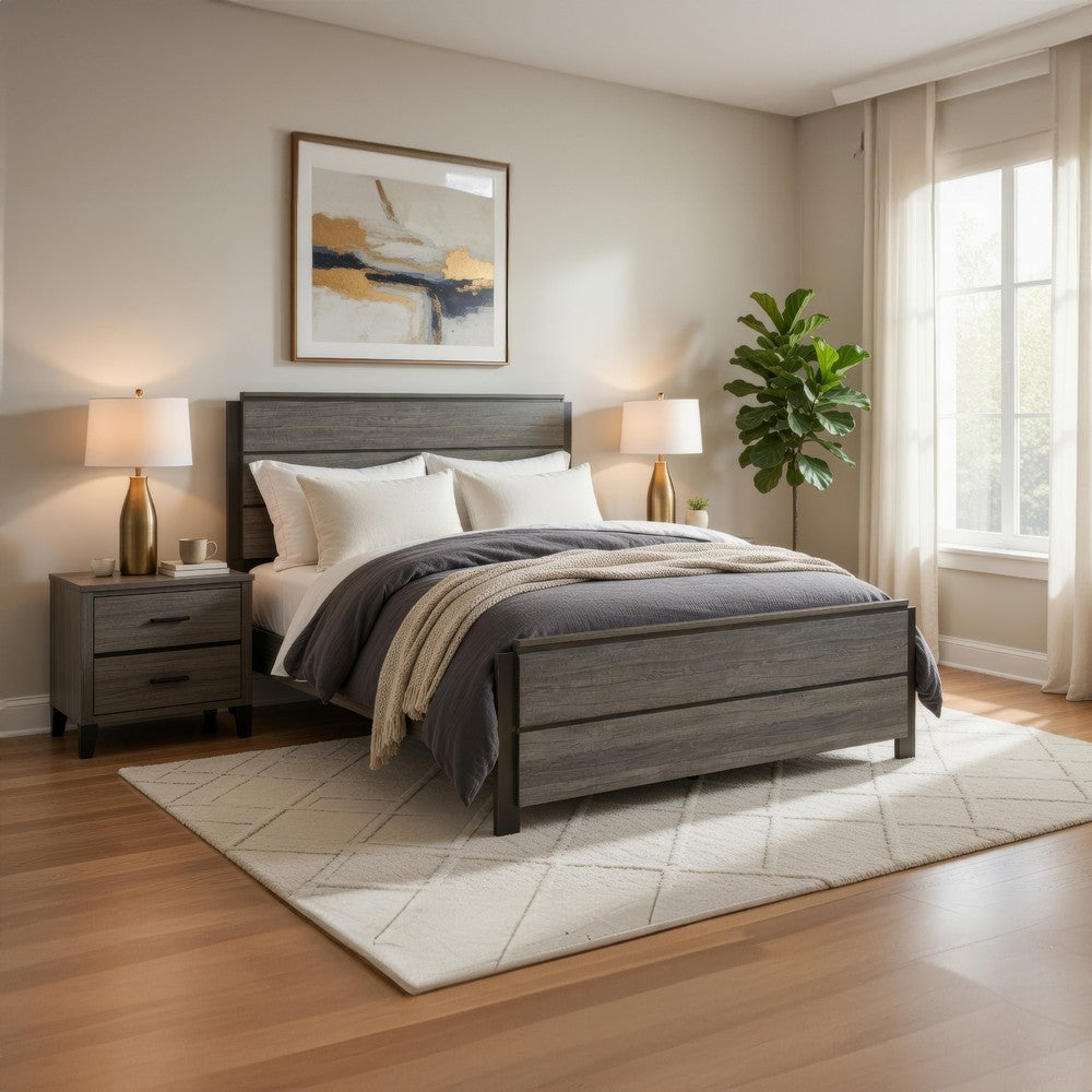Avia Full Panel Bed, Planked Design, Antique Gray, Dark Brown Back Panels