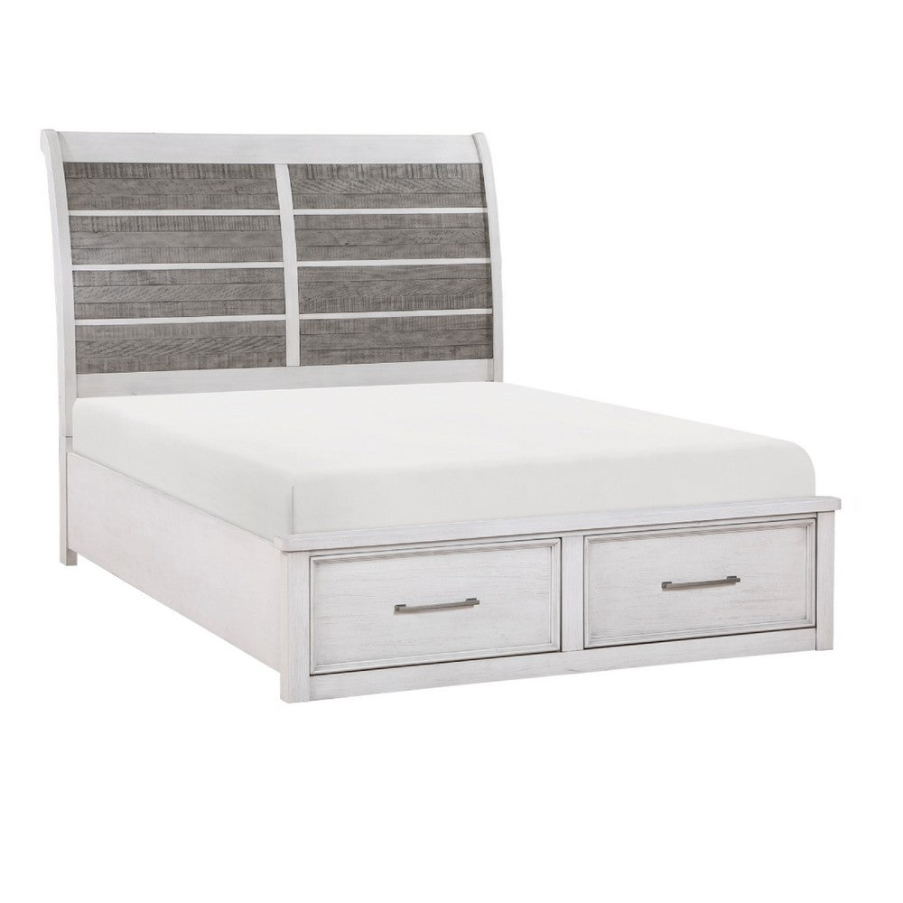 Amby Queen Platform Bed | 2 Footboard Drawers | Antique White & Gray Wood