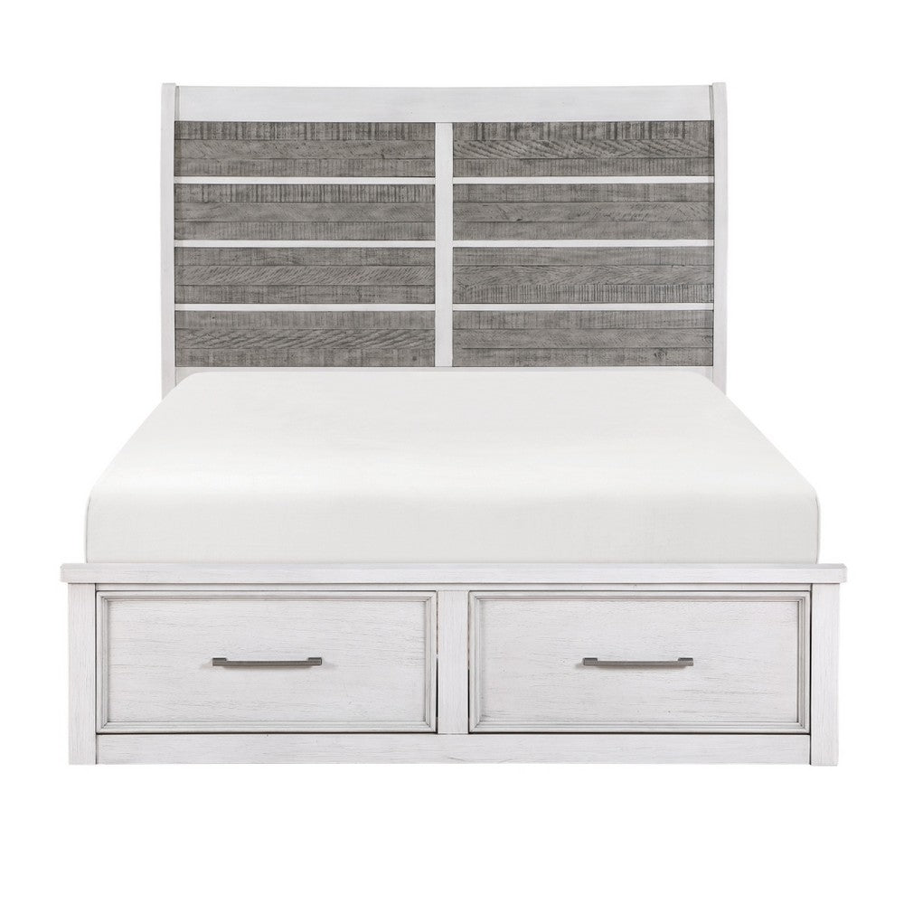 Amby Queen Platform Bed | 2 Footboard Drawers | Antique White & Gray Wood