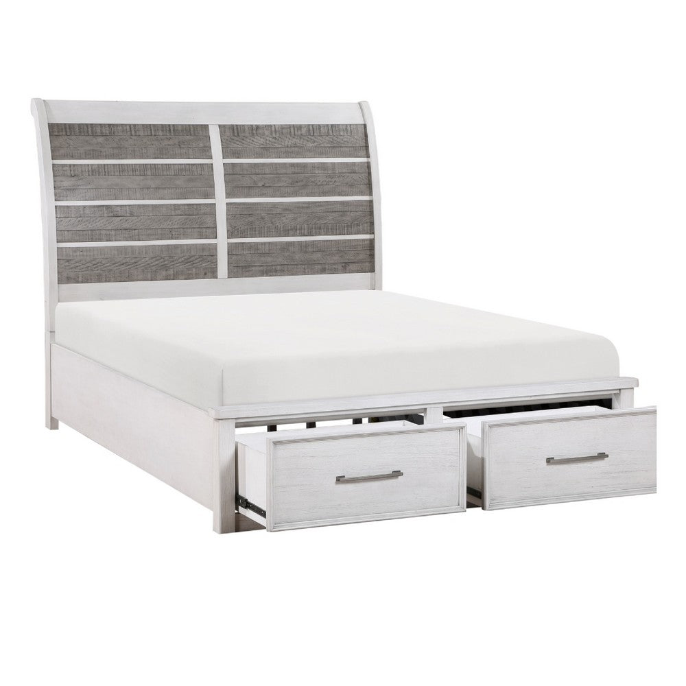 Amby Queen Platform Bed | 2 Footboard Drawers | Antique White & Gray Wood