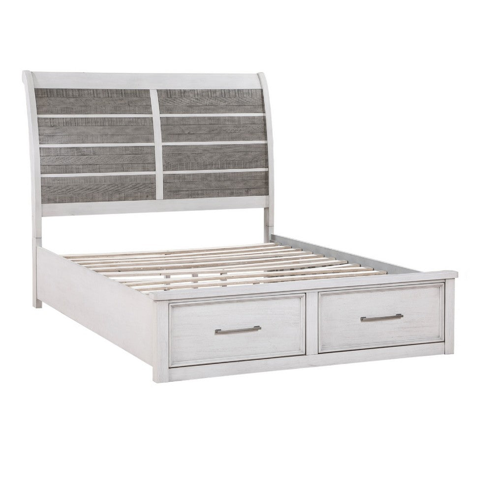 Amby Queen Platform Bed | 2 Footboard Drawers | Antique White & Gray Wood