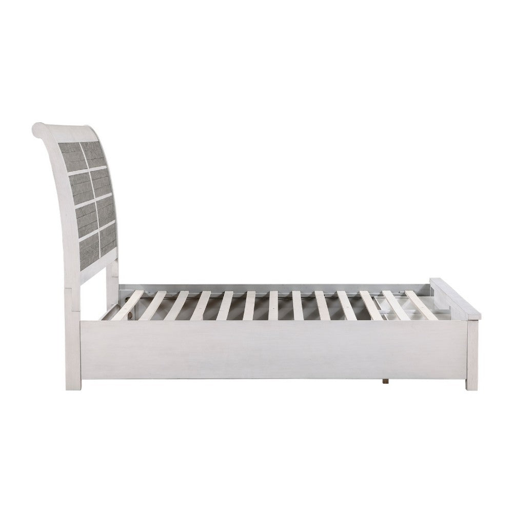 Amby Queen Platform Bed | 2 Footboard Drawers | Antique White & Gray Wood