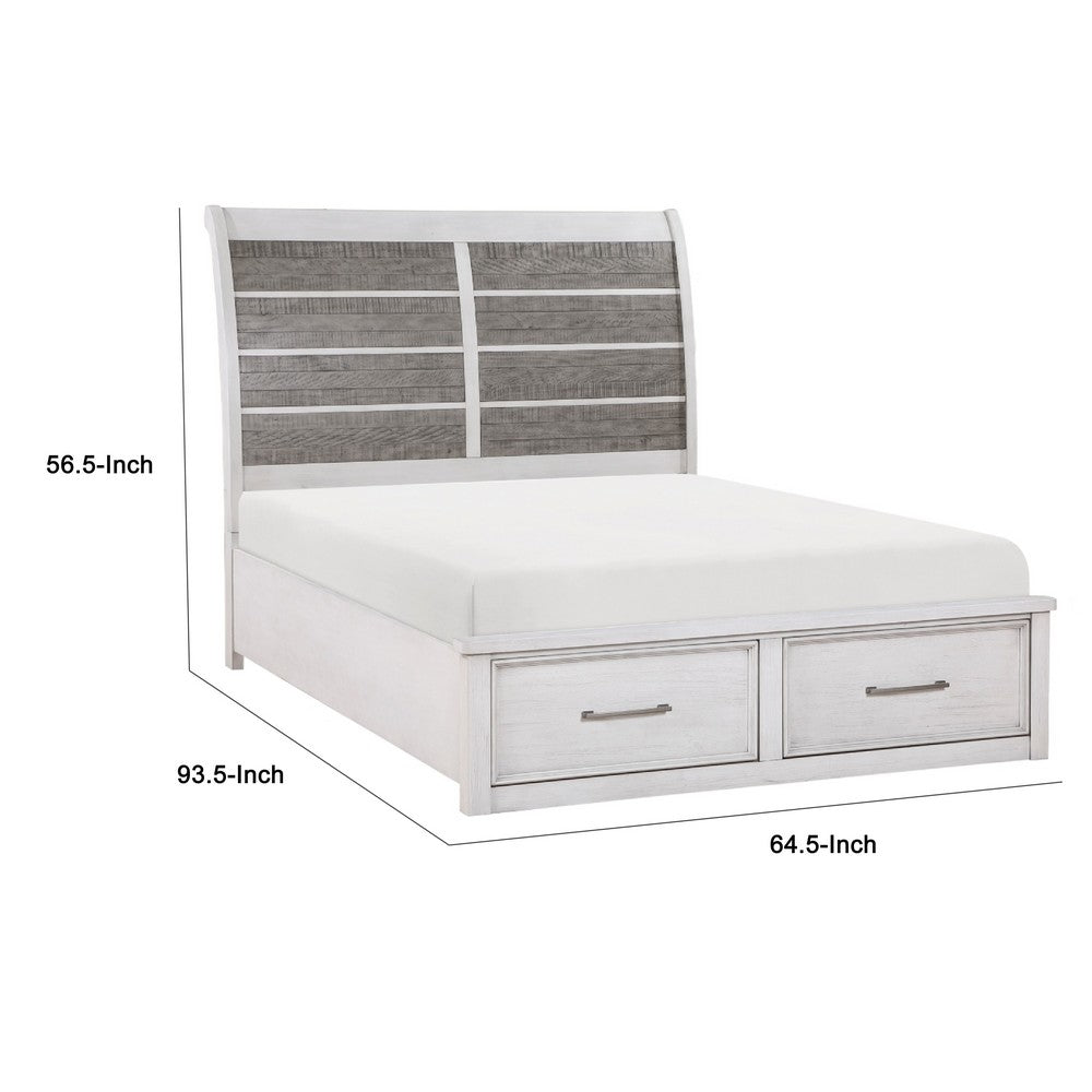 Amby Queen Platform Bed | 2 Footboard Drawers | Antique White & Gray Wood