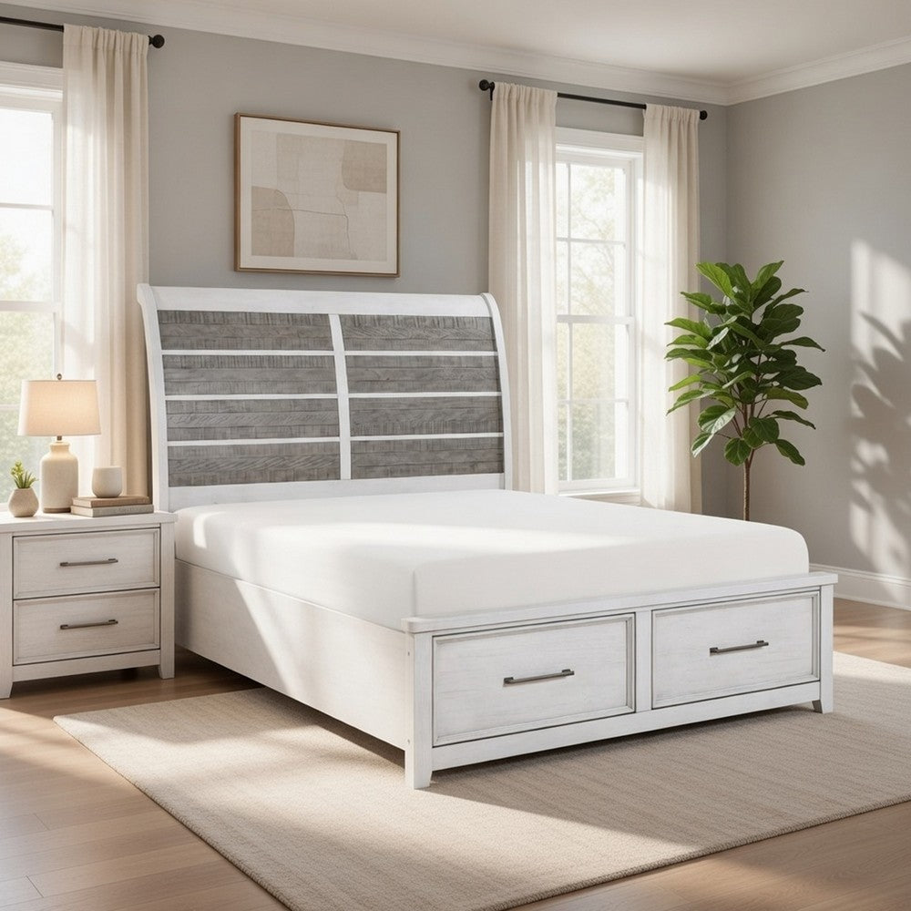 Amby Queen Platform Bed | 2 Footboard Drawers | Antique White & Gray Wood
