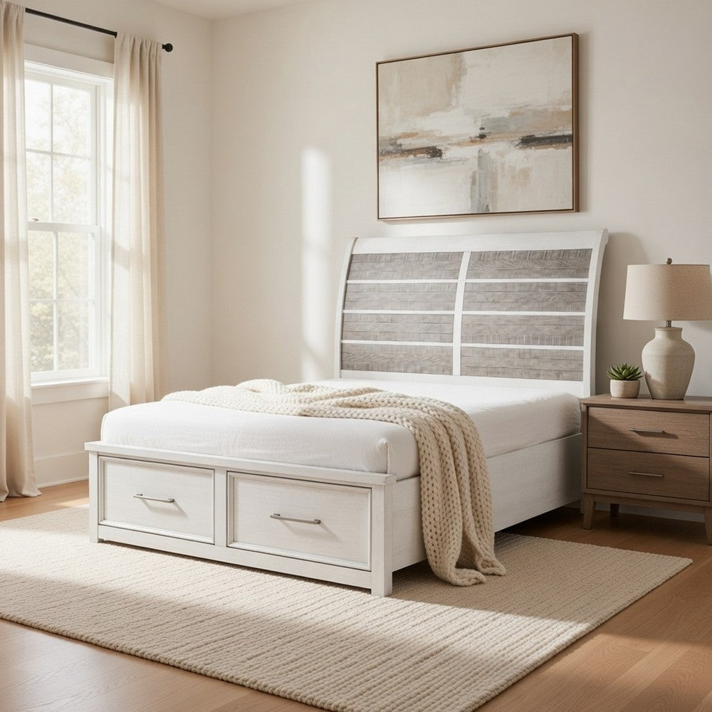 Amby Queen Platform Bed | 2 Footboard Drawers | Antique White & Gray Wood