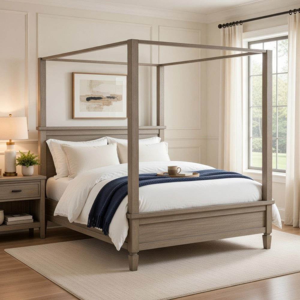 Cely Queen Canopy Bed | Paneled Headboard & Footboard | Farmhouse Oak Gray