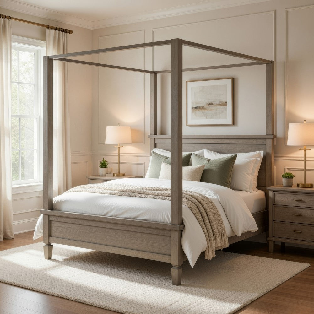 Cely Queen Canopy Bed | Paneled Headboard & Footboard | Farmhouse Oak Gray