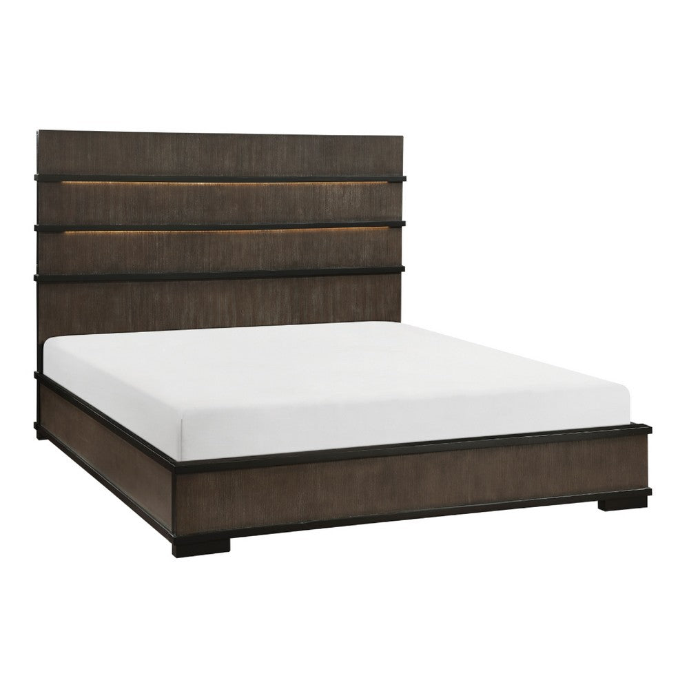 Acy Queen Bed | Slatted LED Headboard | Industrial Brownish Gray & Black