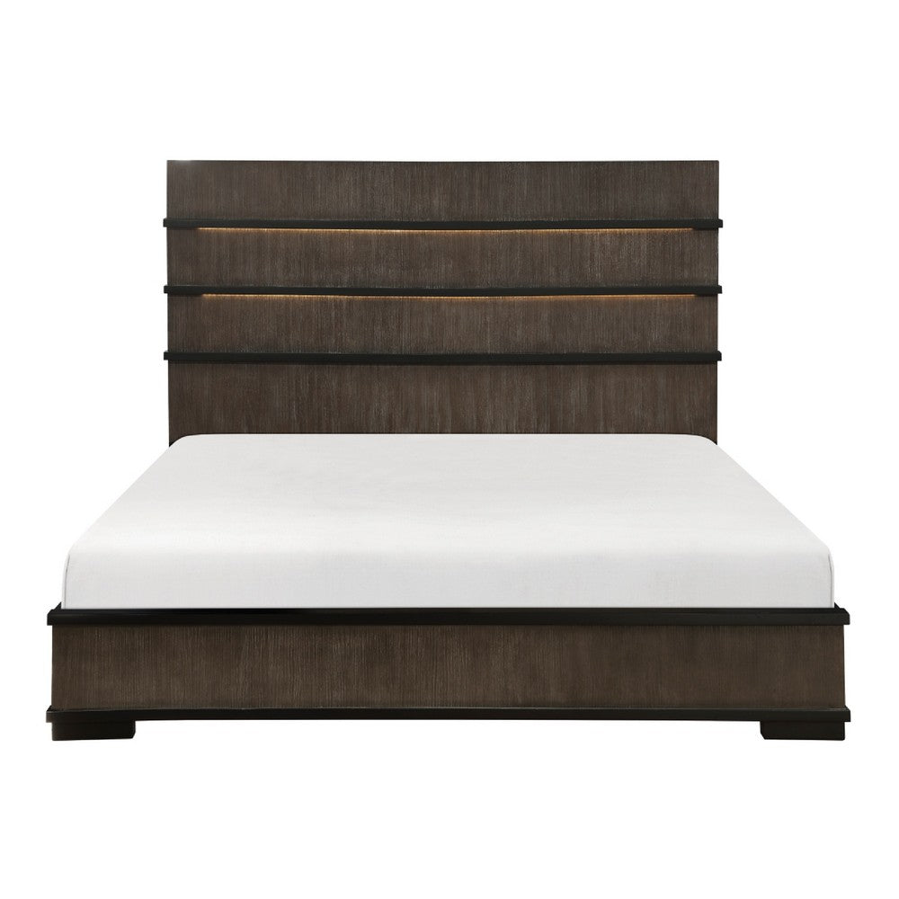 Acy Queen Bed | Slatted LED Headboard | Industrial Brownish Gray & Black