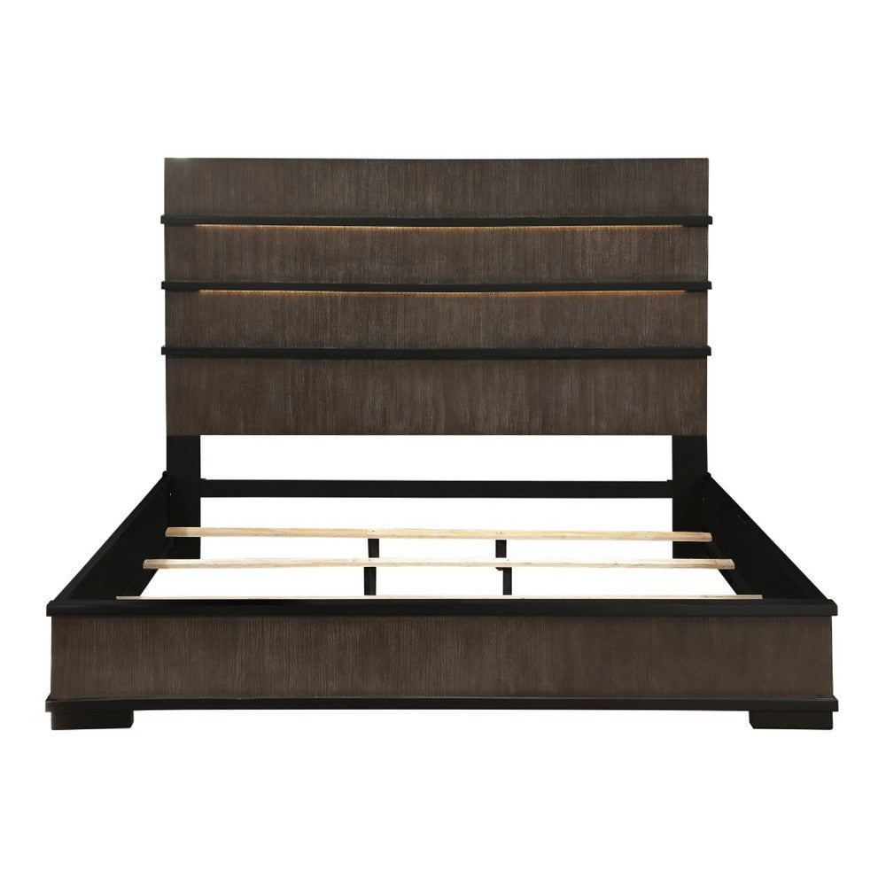 Acy Queen Bed | Slatted LED Headboard | Industrial Brownish Gray & Black