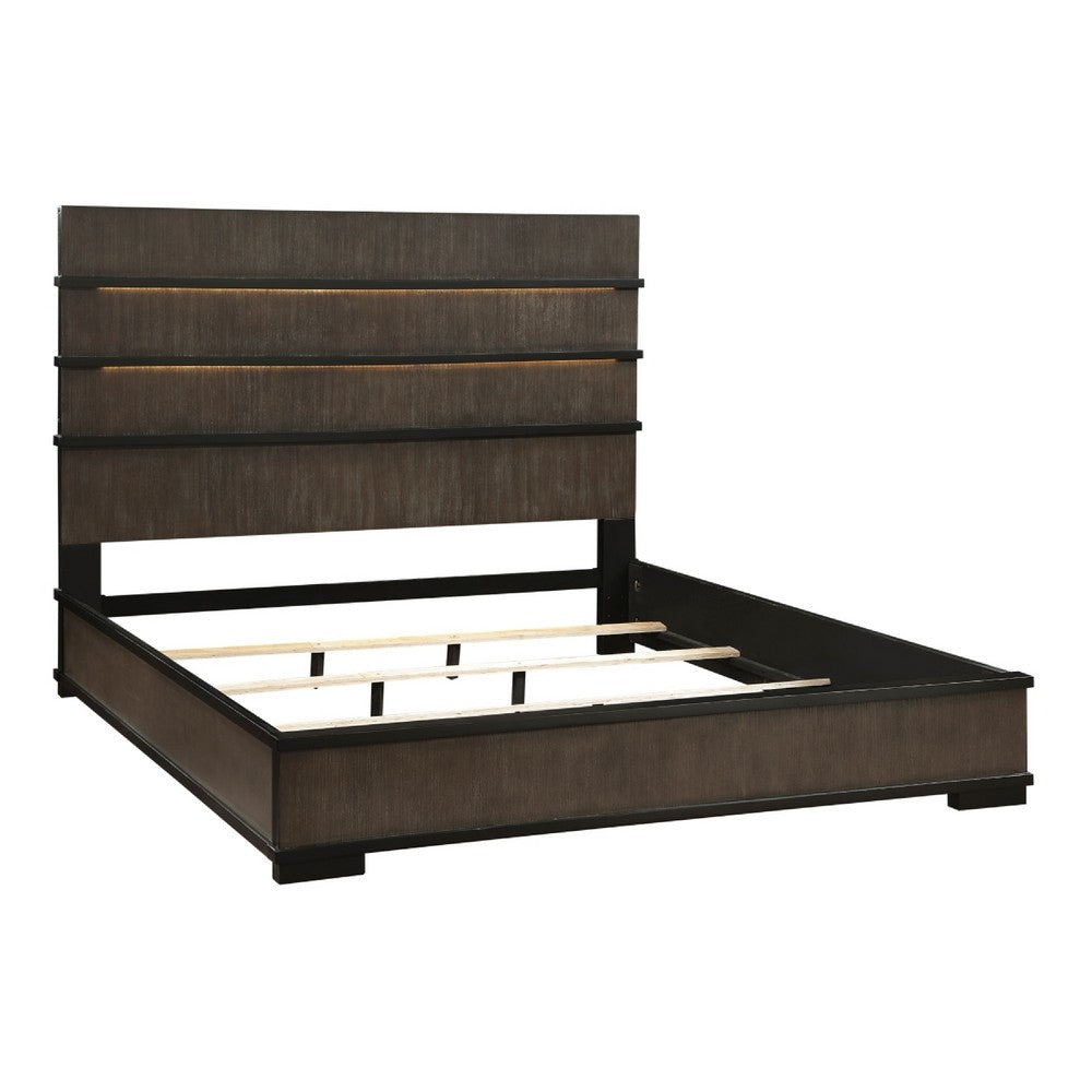 Acy Queen Bed | Slatted LED Headboard | Industrial Brownish Gray & Black