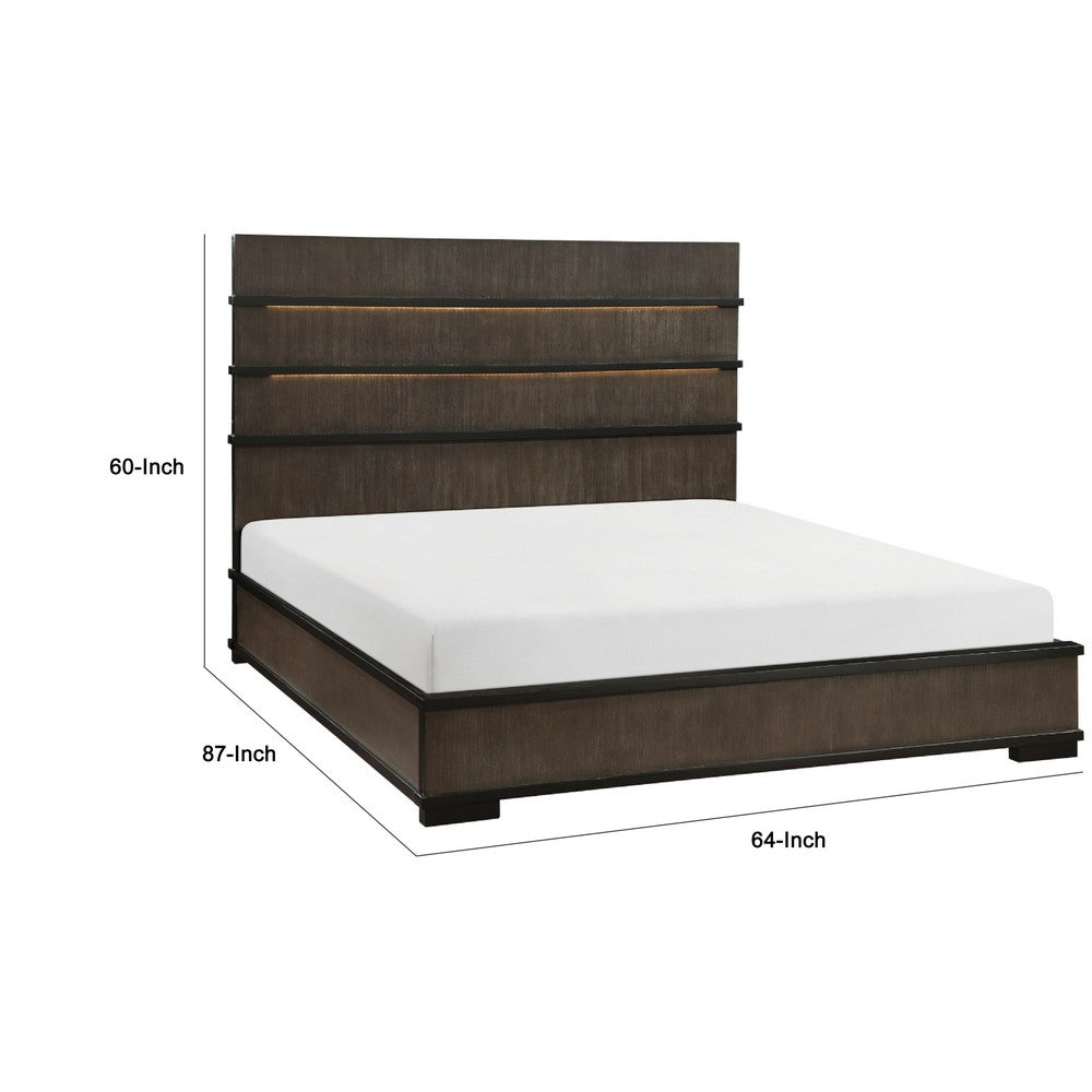 Acy Queen Bed | Slatted LED Headboard | Industrial Brownish Gray & Black
