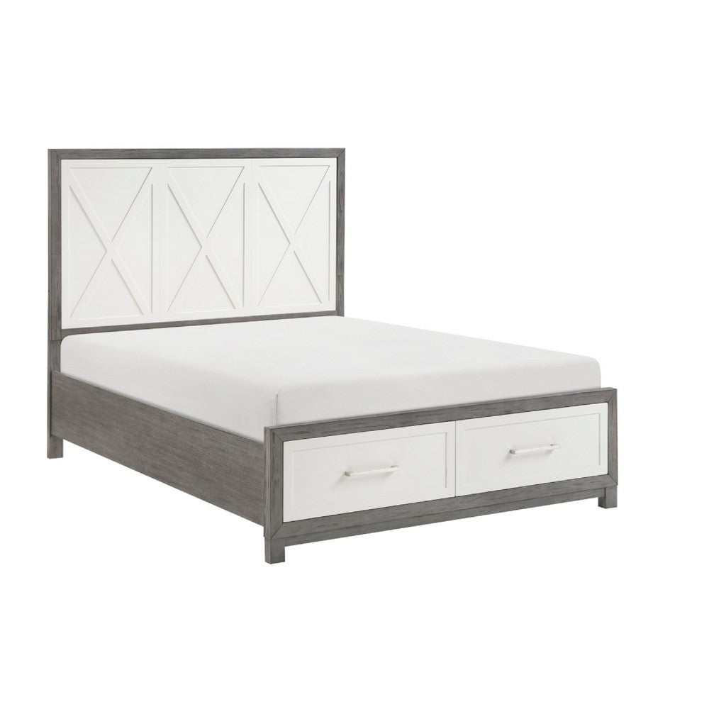 Owan Queen Bed | 2 Drawer Footboard Storage | Modern Panel Gray & Ivory
