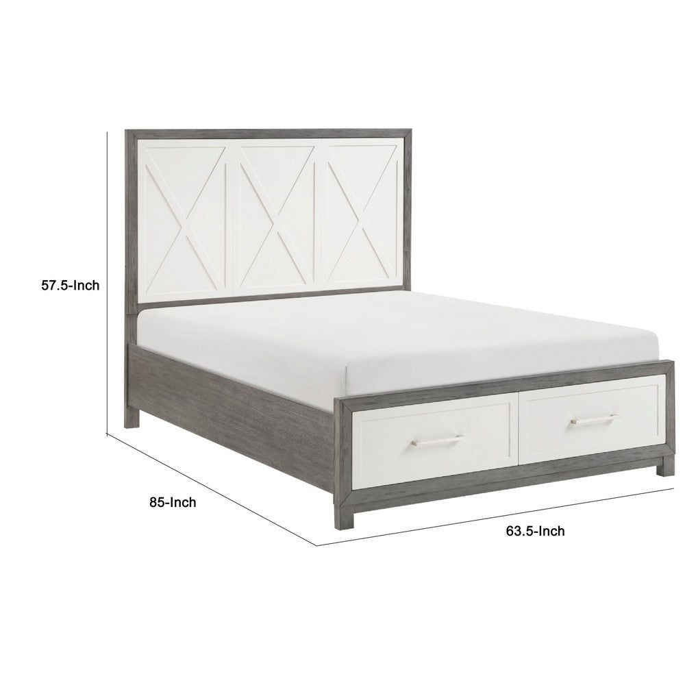 Owan Queen Bed | 2 Drawer Footboard Storage | Modern Panel Gray & Ivory