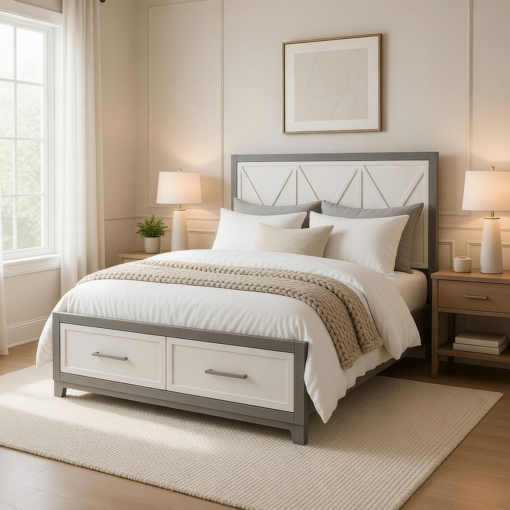 Owan Queen Bed | 2 Drawer Footboard Storage | Modern Panel Gray & Ivory