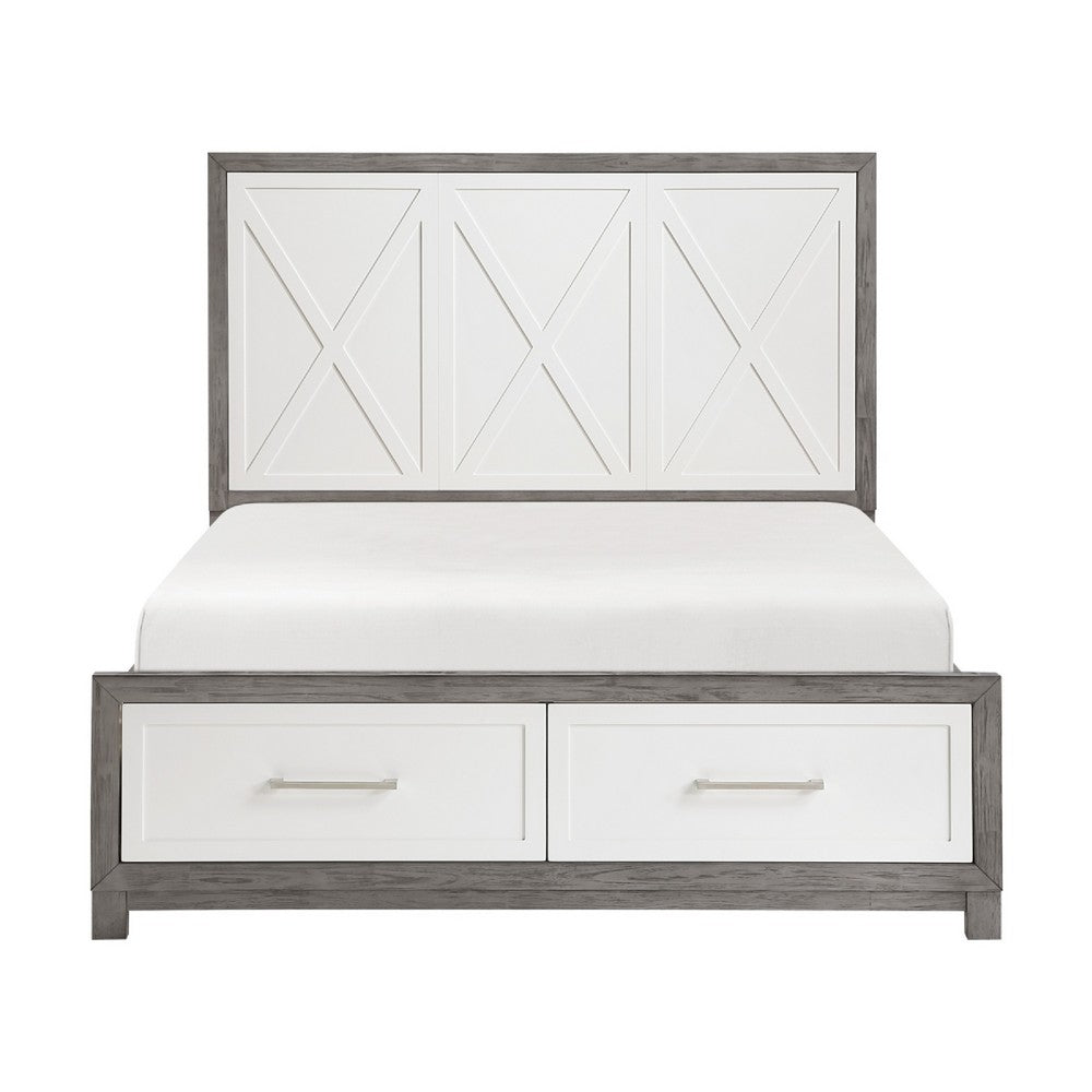 Owan Full Bed | 2 Drawer Footboard Storage | Modern Panel Gray & Ivory