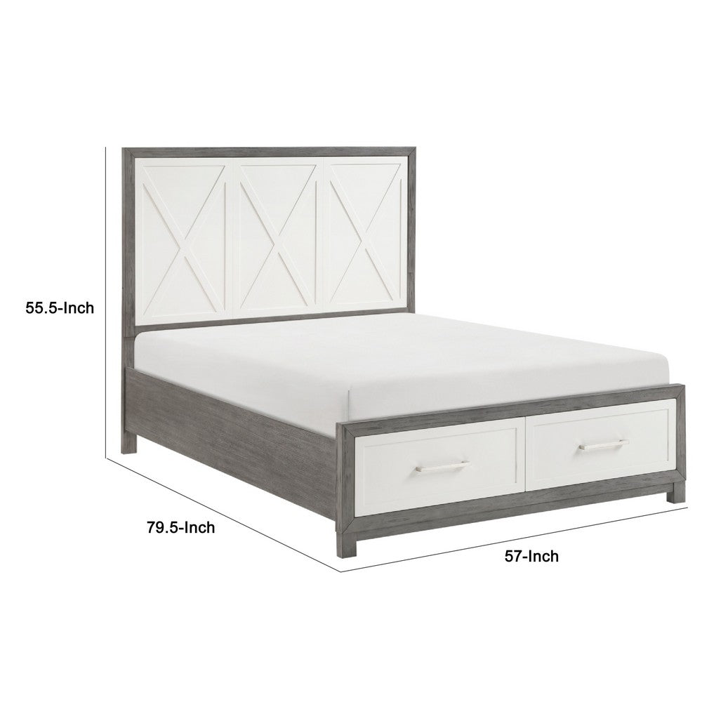 Owan Full Bed | 2 Drawer Footboard Storage | Modern Panel Gray & Ivory