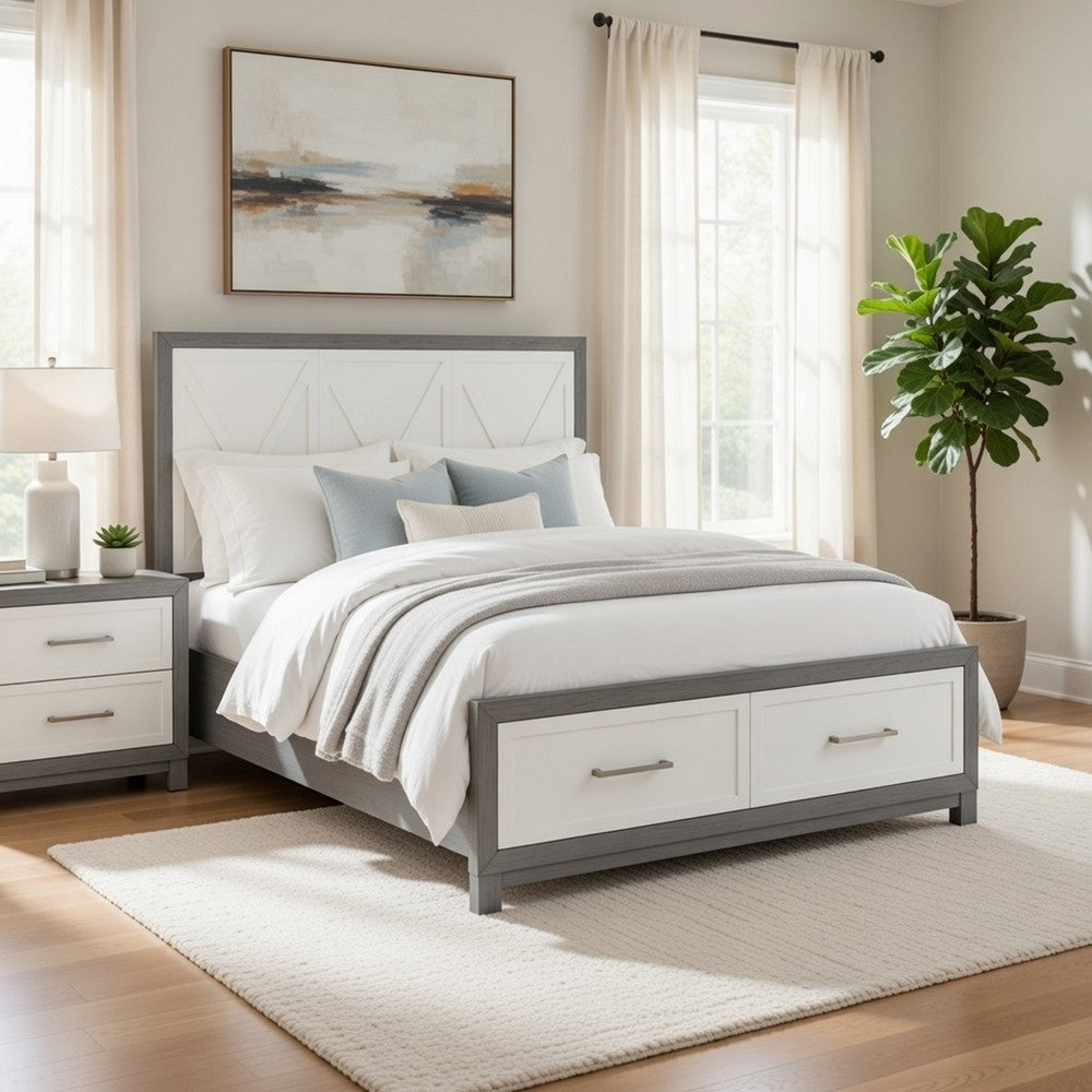 Owan Full Bed | 2 Drawer Footboard Storage | Modern Panel Gray & Ivory
