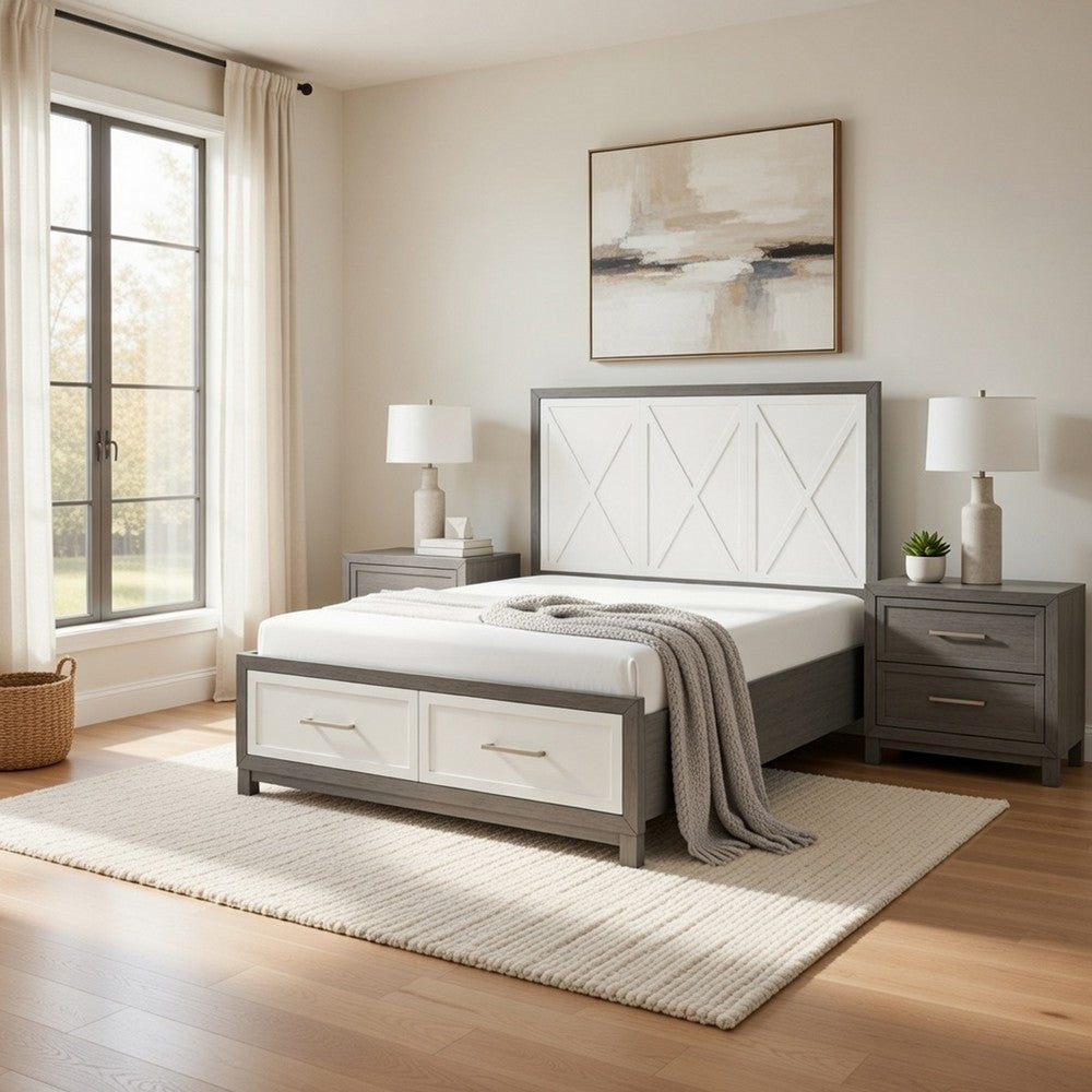 Owan Full Bed | 2 Drawer Footboard Storage | Modern Panel Gray & Ivory