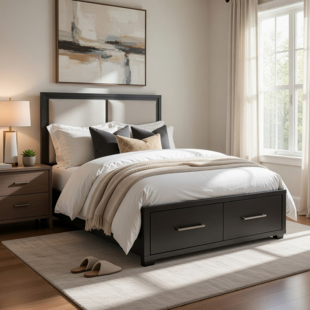 Gily Queen Bed | 2 Footboard Storage Drawers | Upholstered Headboard | Gray