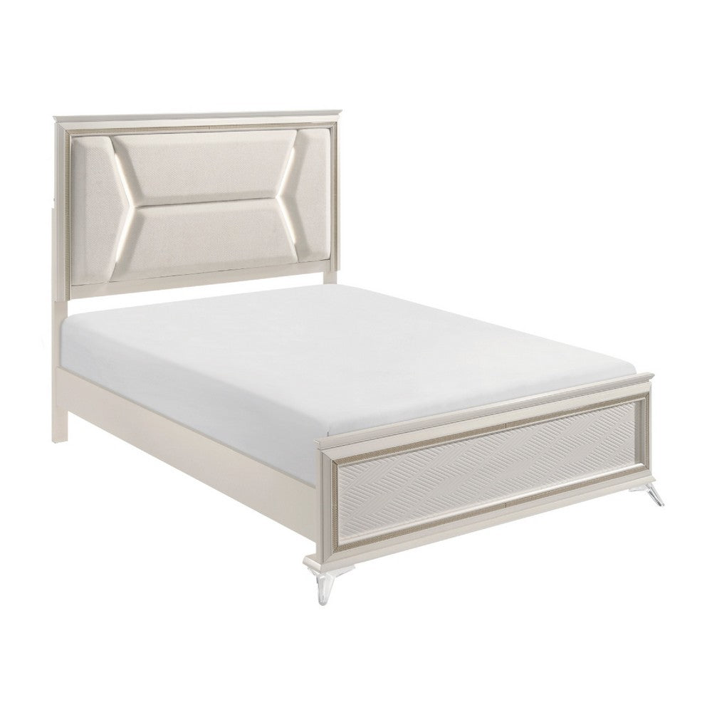Lopa Queen Bed | LED Headboard Embossed Panels | White Chenille Upholstery