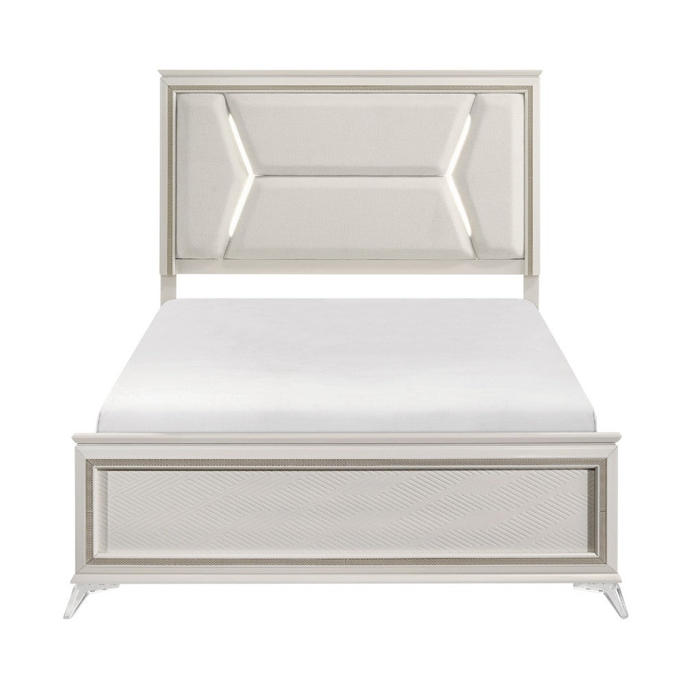 Lopa Queen Bed | LED Headboard Embossed Panels | White Chenille Upholstery