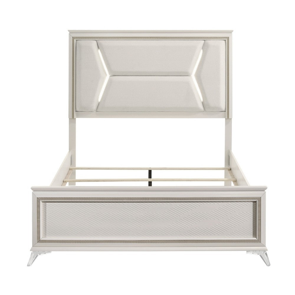 Lopa Queen Bed | LED Headboard Embossed Panels | White Chenille Upholstery