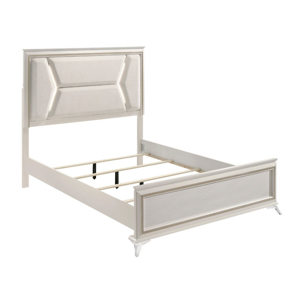 Lopa Queen Bed | LED Headboard Embossed Panels | White Chenille Upholstery