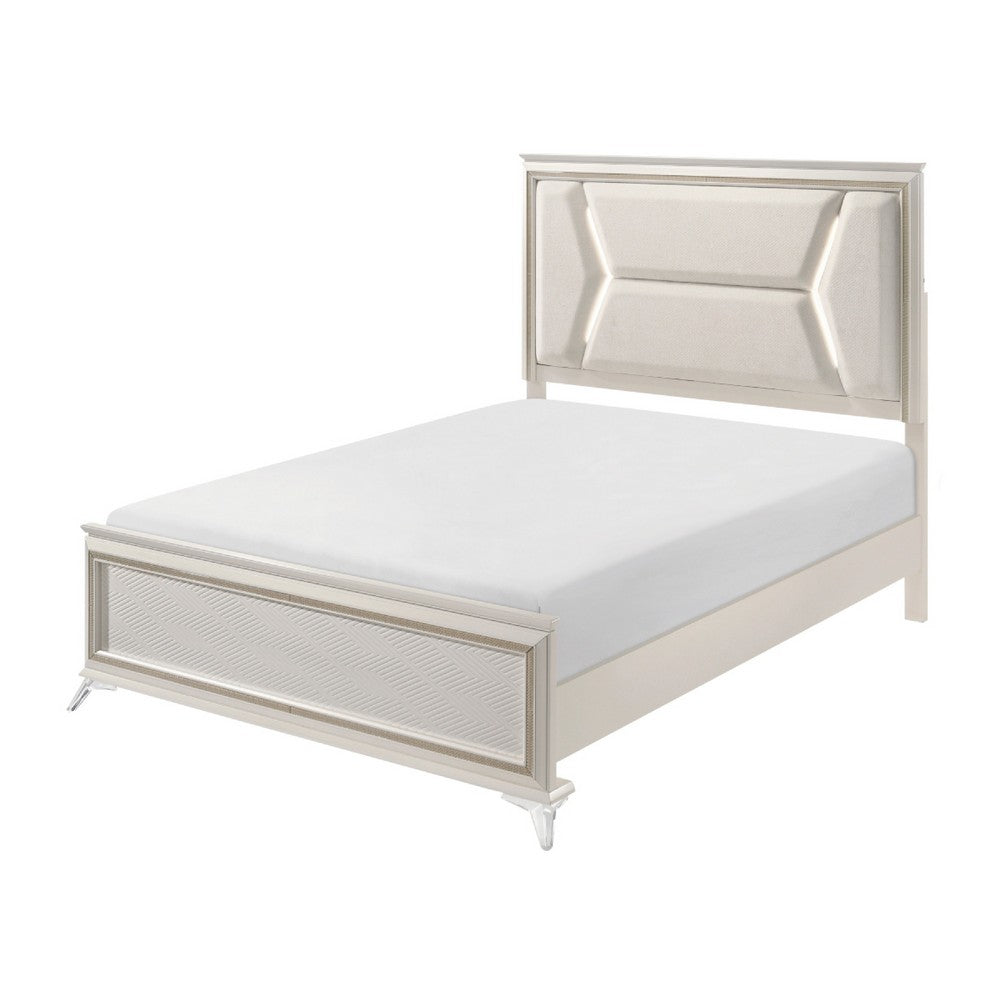 Lopa Queen Bed | LED Headboard Embossed Panels | White Chenille Upholstery