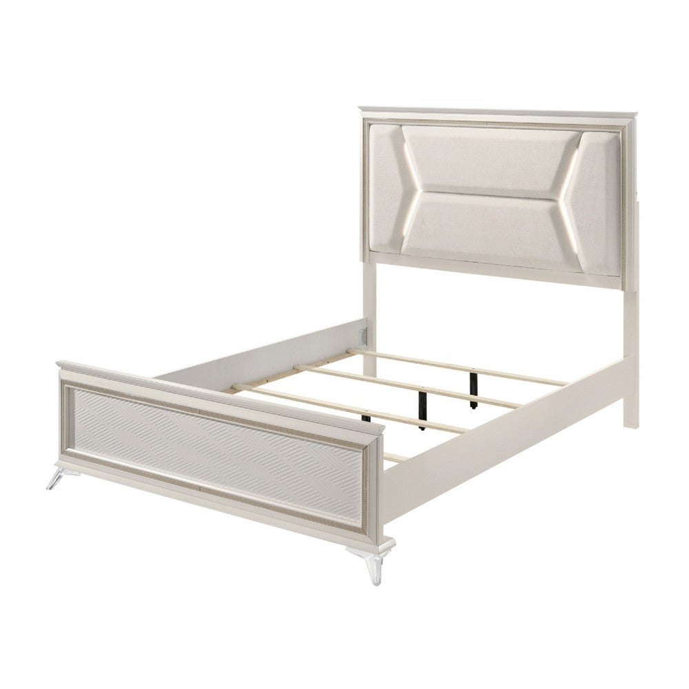 Lopa Queen Bed | LED Headboard Embossed Panels | White Chenille Upholstery